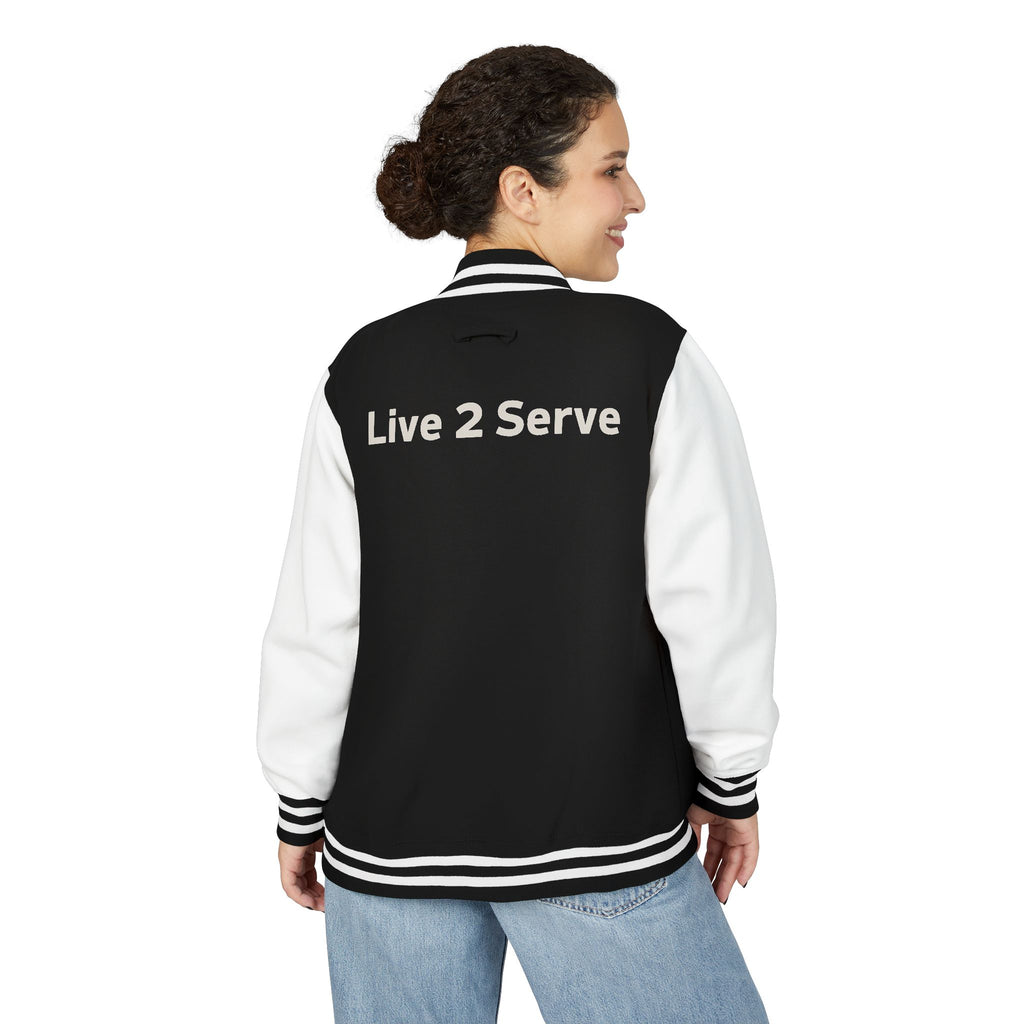 Letterman Jacket — Live 2 Serve Varsity Jacket with Pastel Floral Logo