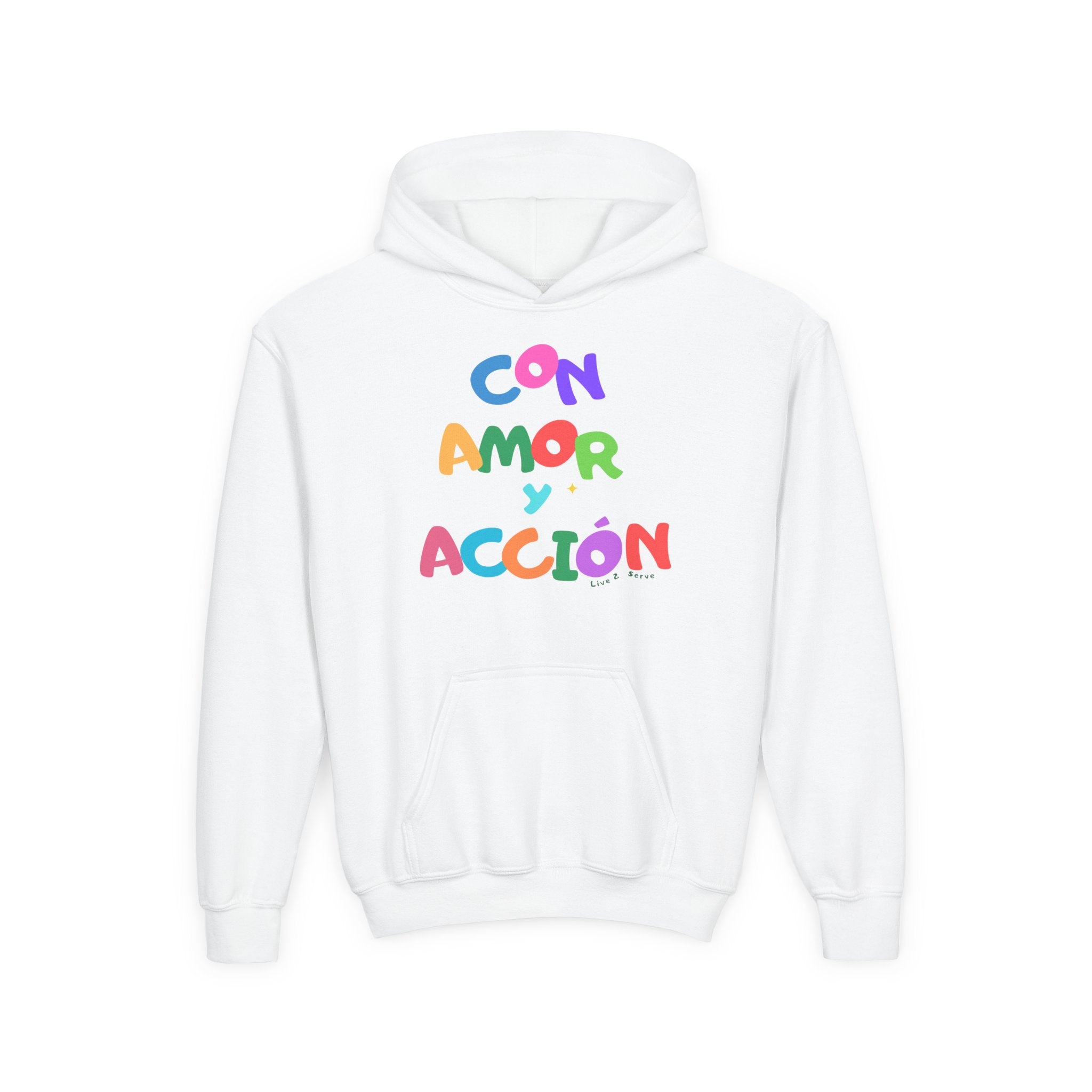 Con Amor y Acción Hoodie | Spanish Positive Message, Colorful Kids Sweatshirt