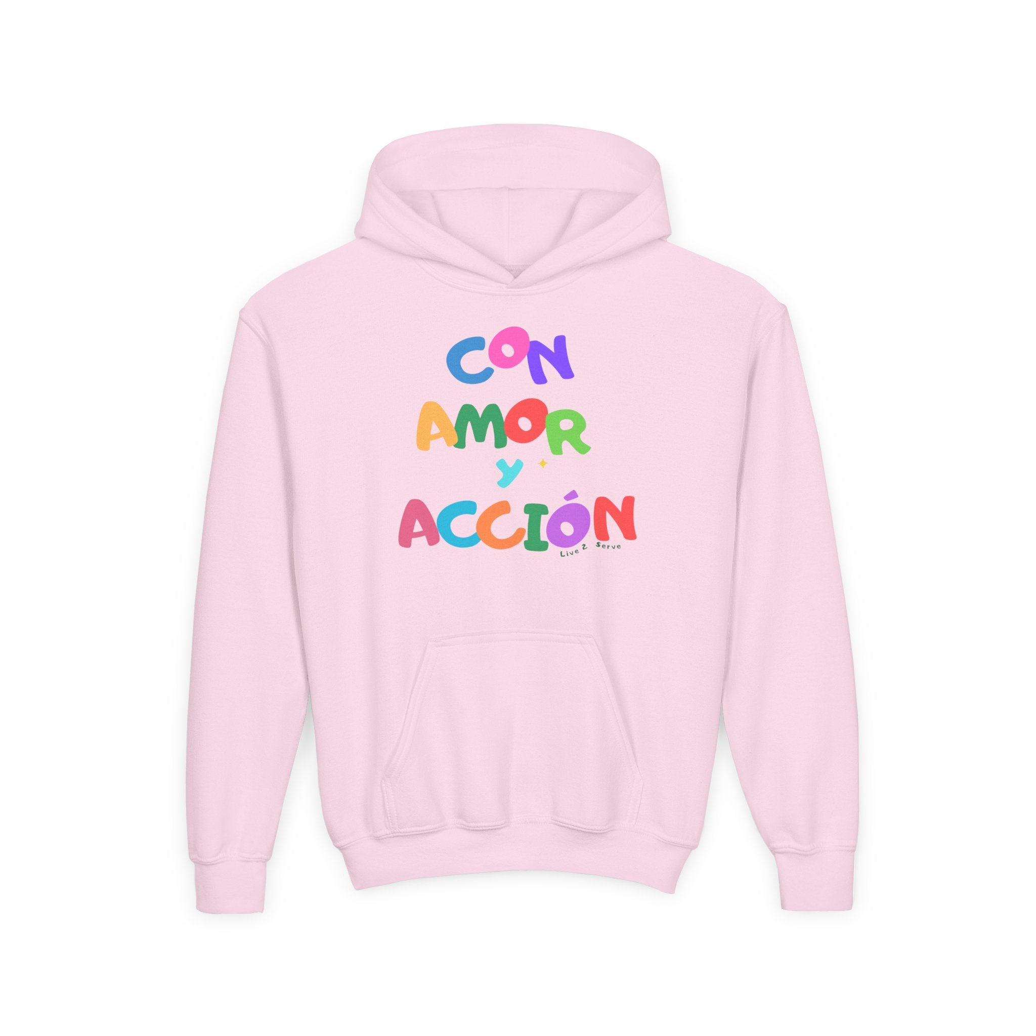 Con Amor y Acción Hoodie | Spanish Positive Message, Colorful Kids Sweatshirt