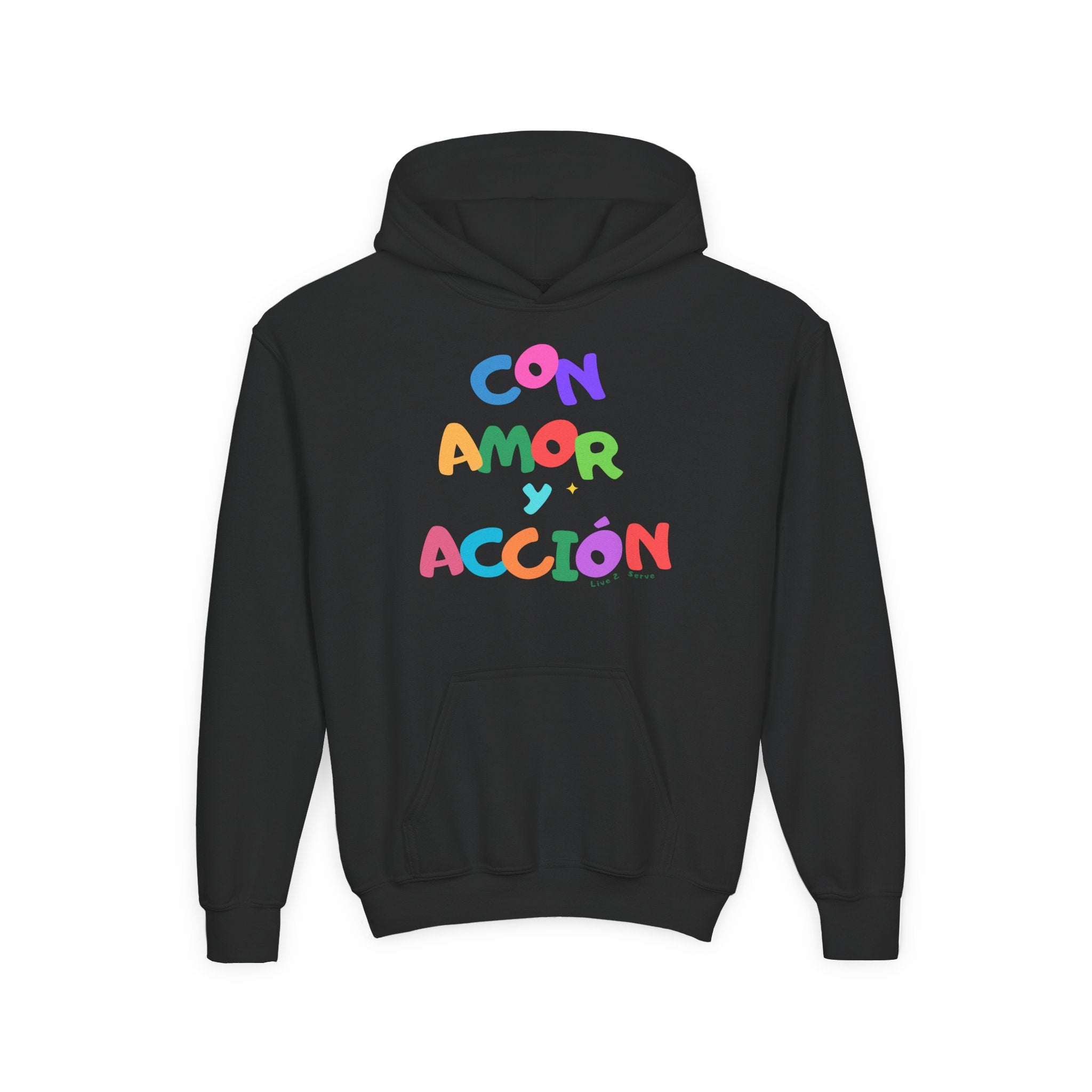 Con Amor y Acción Hoodie | Spanish Positive Message, Colorful Kids Sweatshirt