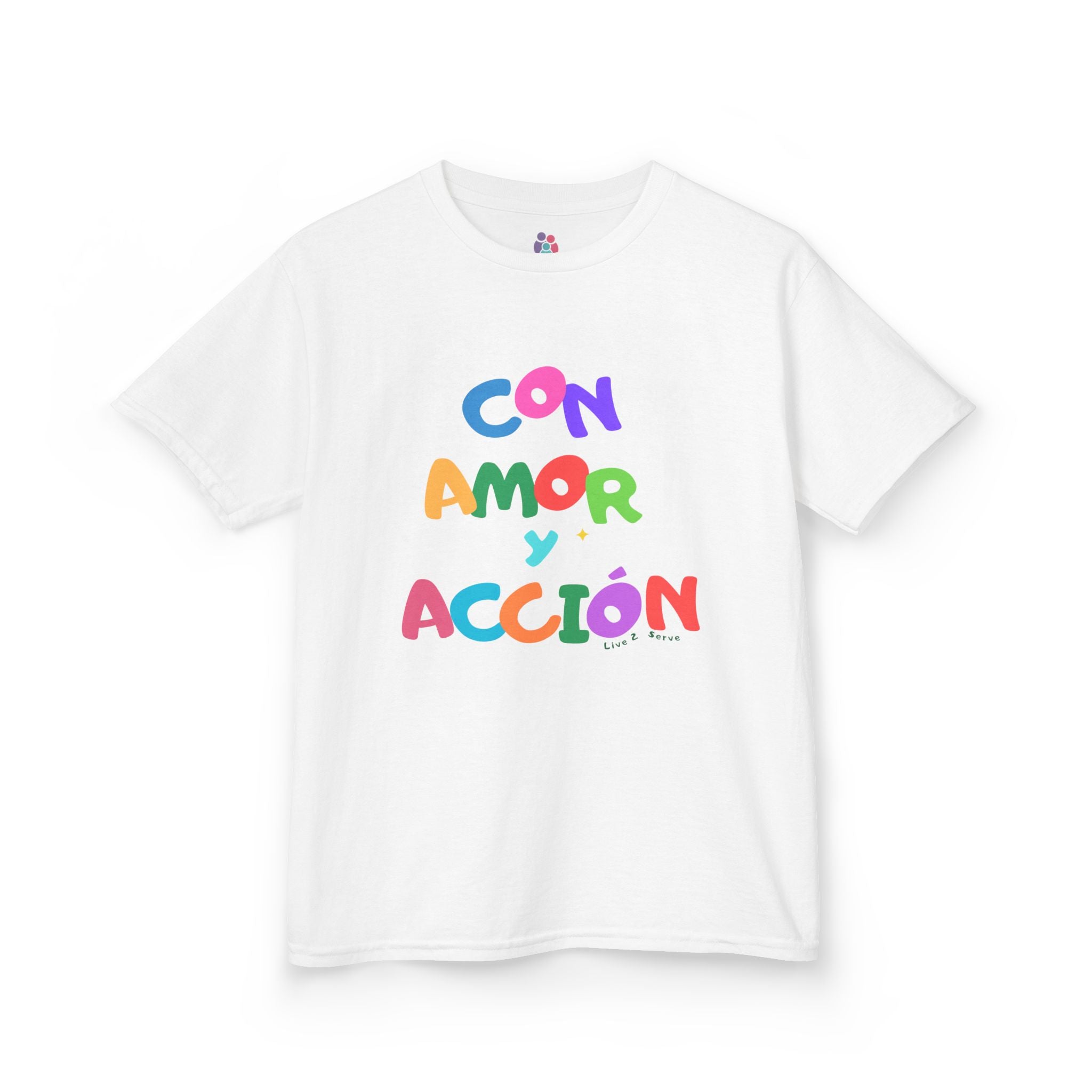 Con Amor y Acción Kids Tee | Colorful Spanish Phrase Children's Shirt