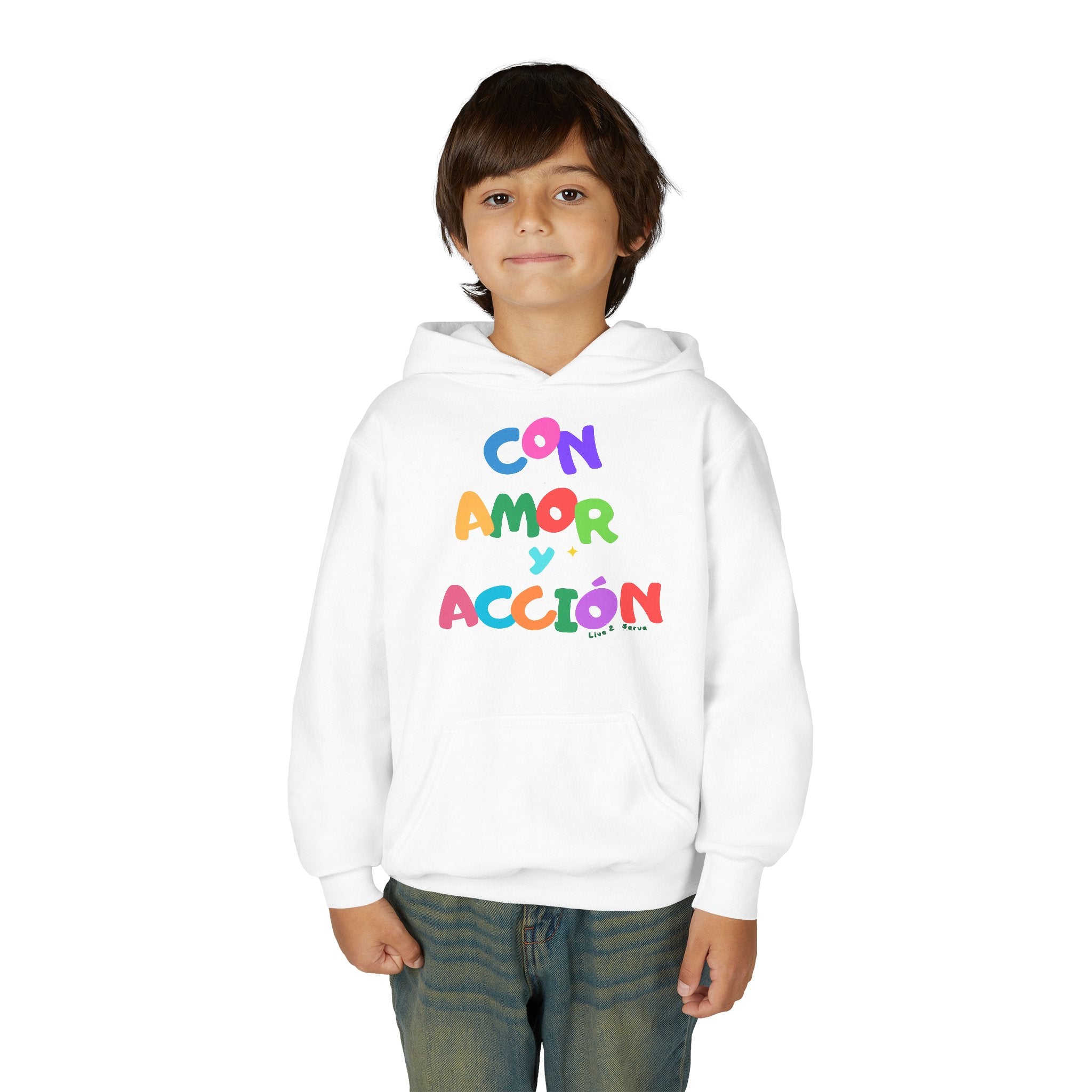 Con Amor y Acción Hoodie | Spanish Positive Message, Colorful Kids Sweatshirt