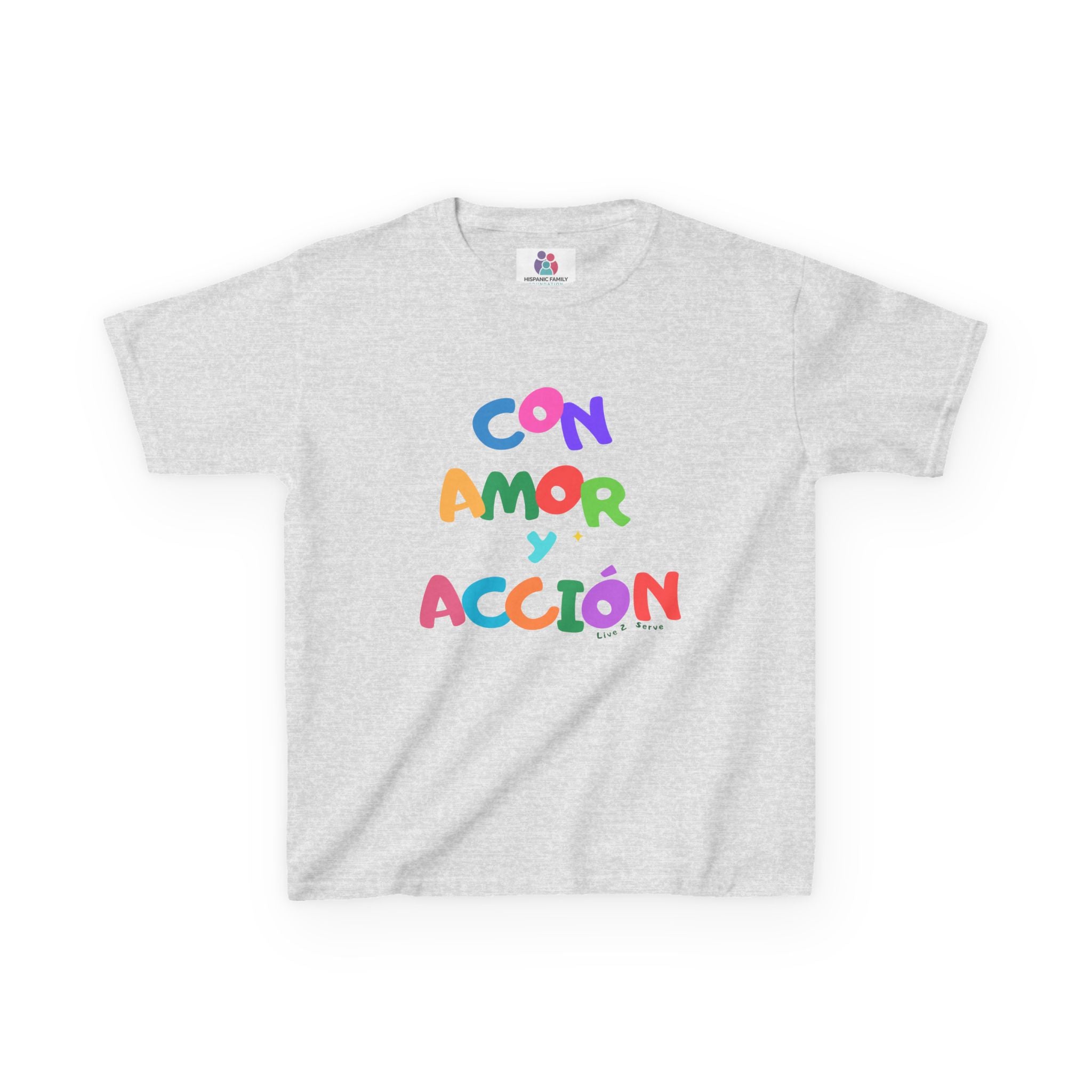 Con Amor y Acción Kids Tee | Colorful Spanish Phrase Children's Shirt