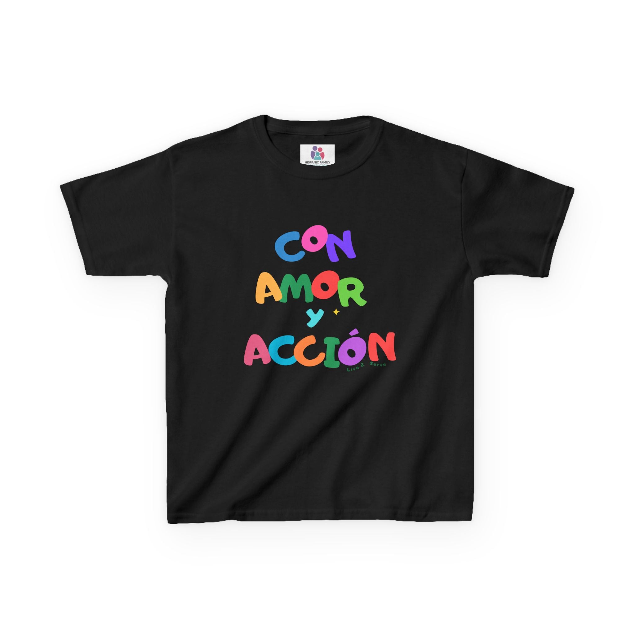Con Amor y Acción Kids Tee | Colorful Spanish Phrase Children's Shirt