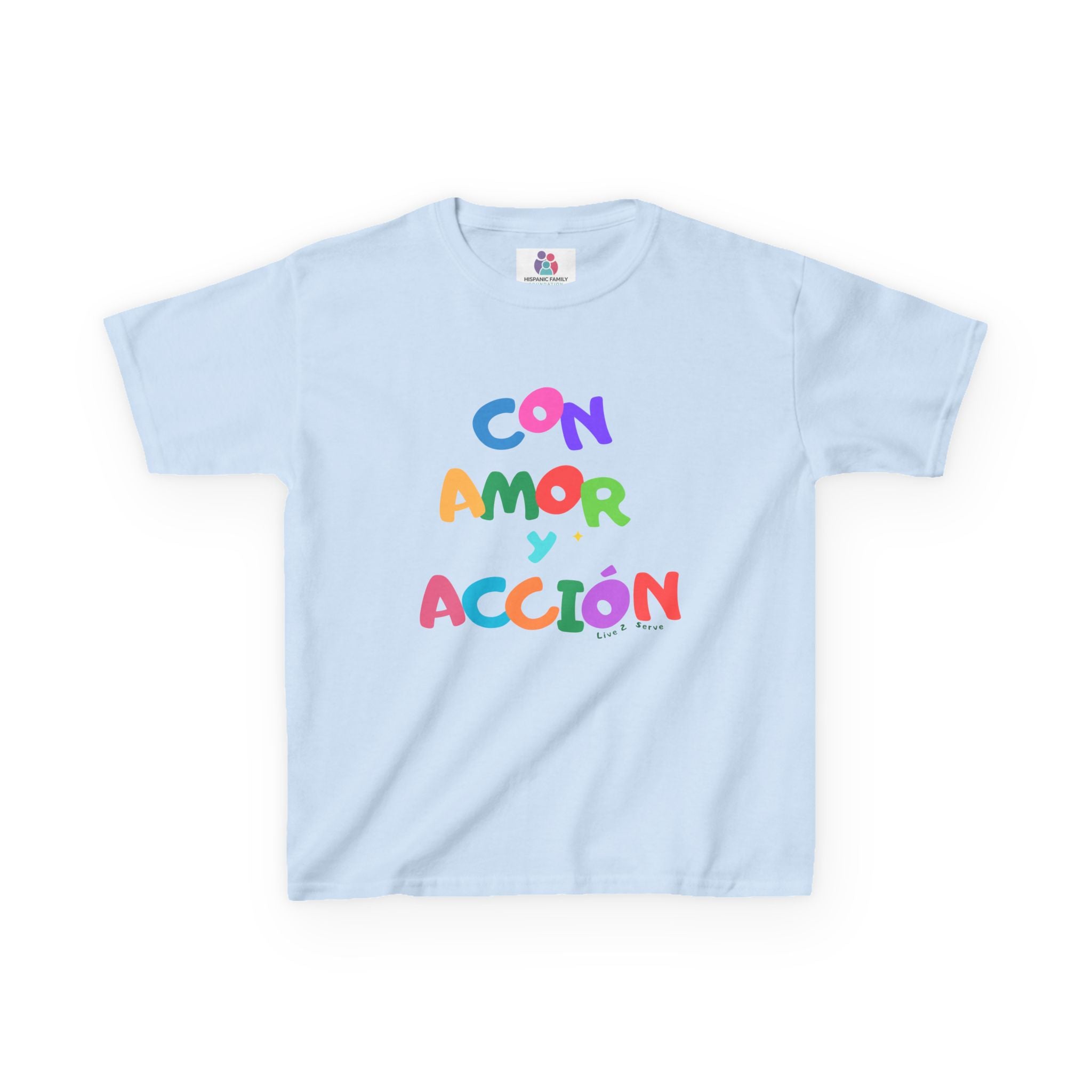 Con Amor y Acción Kids Tee | Colorful Spanish Phrase Children's Shirt