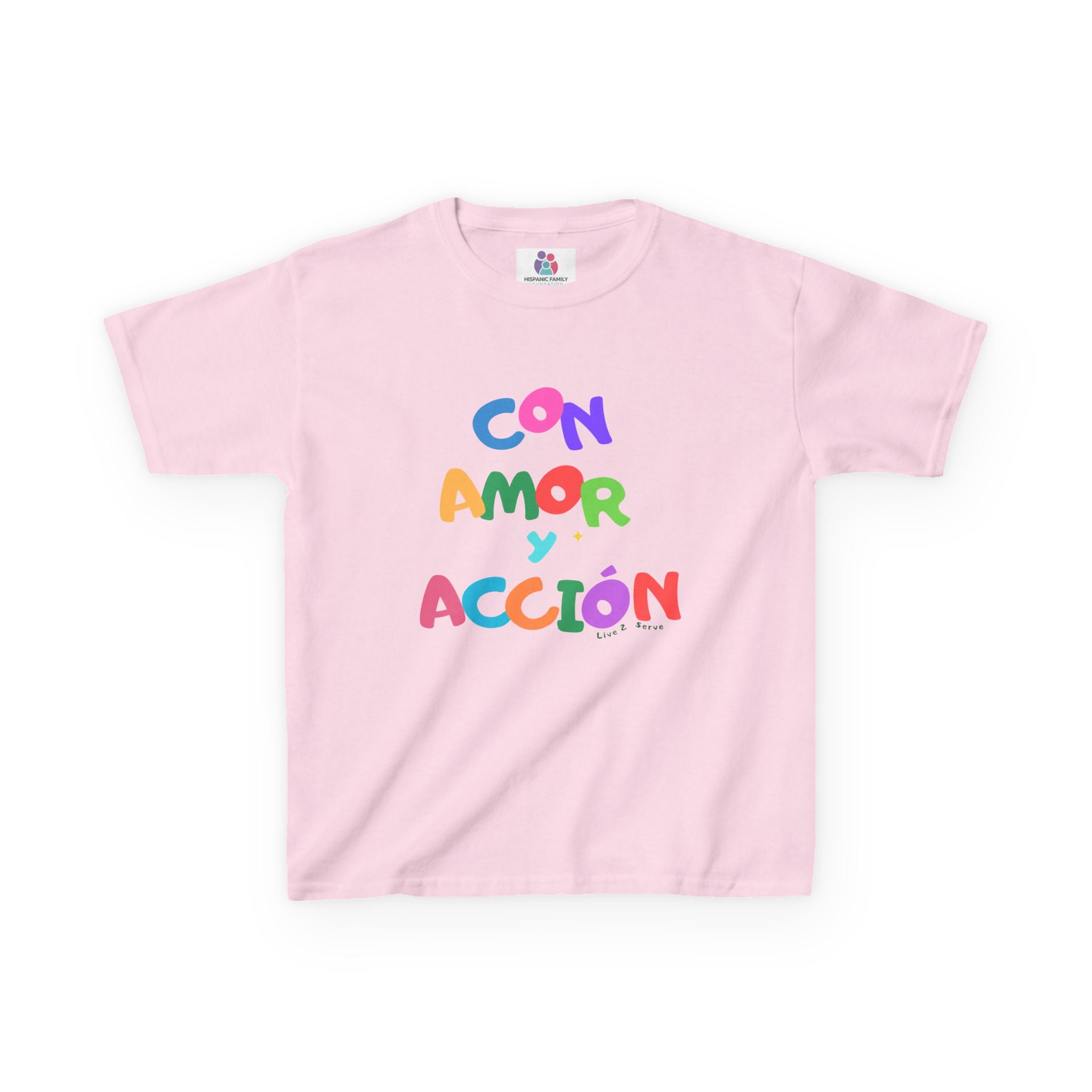 Con Amor y Acción Kids Tee | Colorful Spanish Phrase Children's Shirt